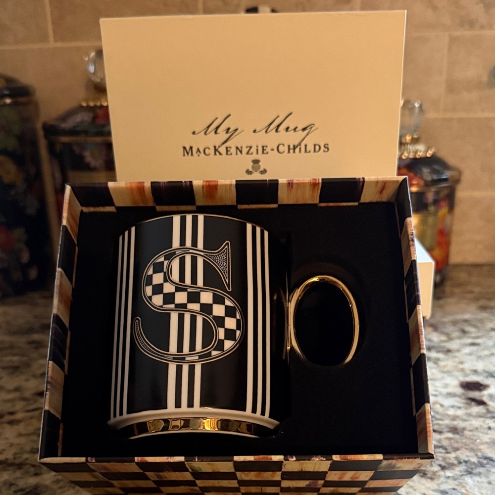 MacKenzie-Childs Black and Gold Striped Initial Mug
